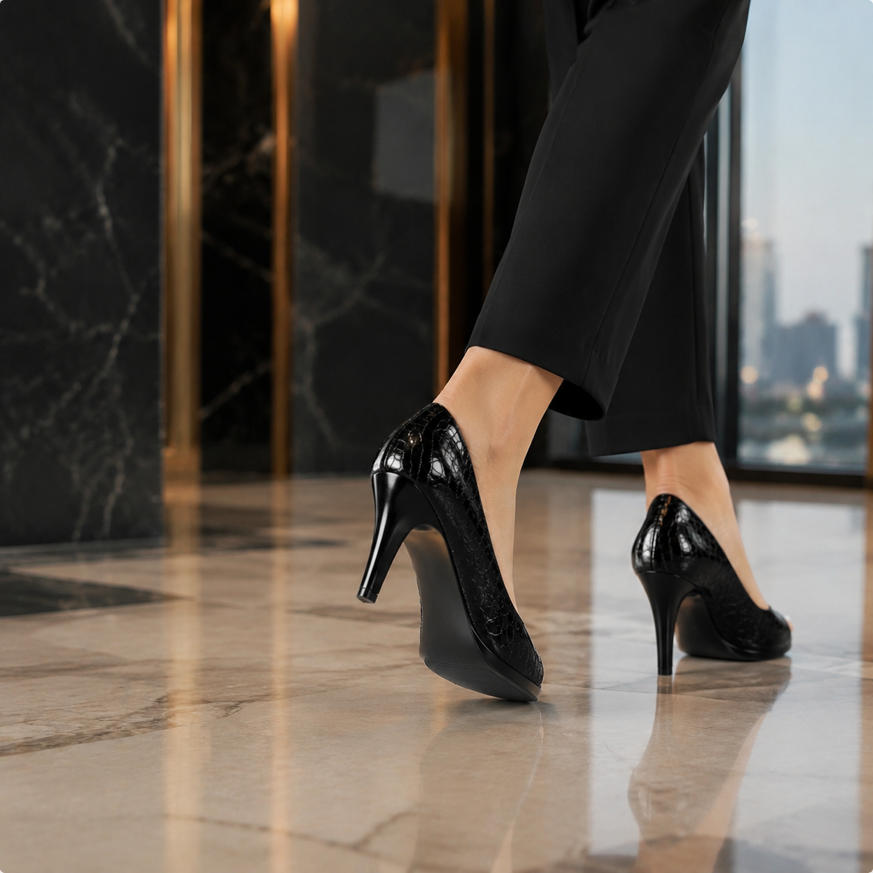 Zapatos de tacon con punta abierta y plataforma frontal en cuero negro