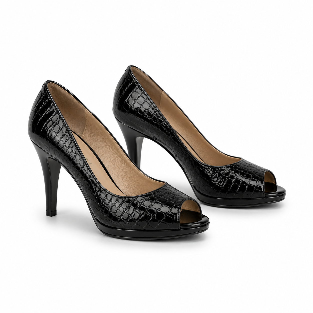 Zapatos de tacon peep toe en cuero negro con textura croco Sebastian & Salvatore