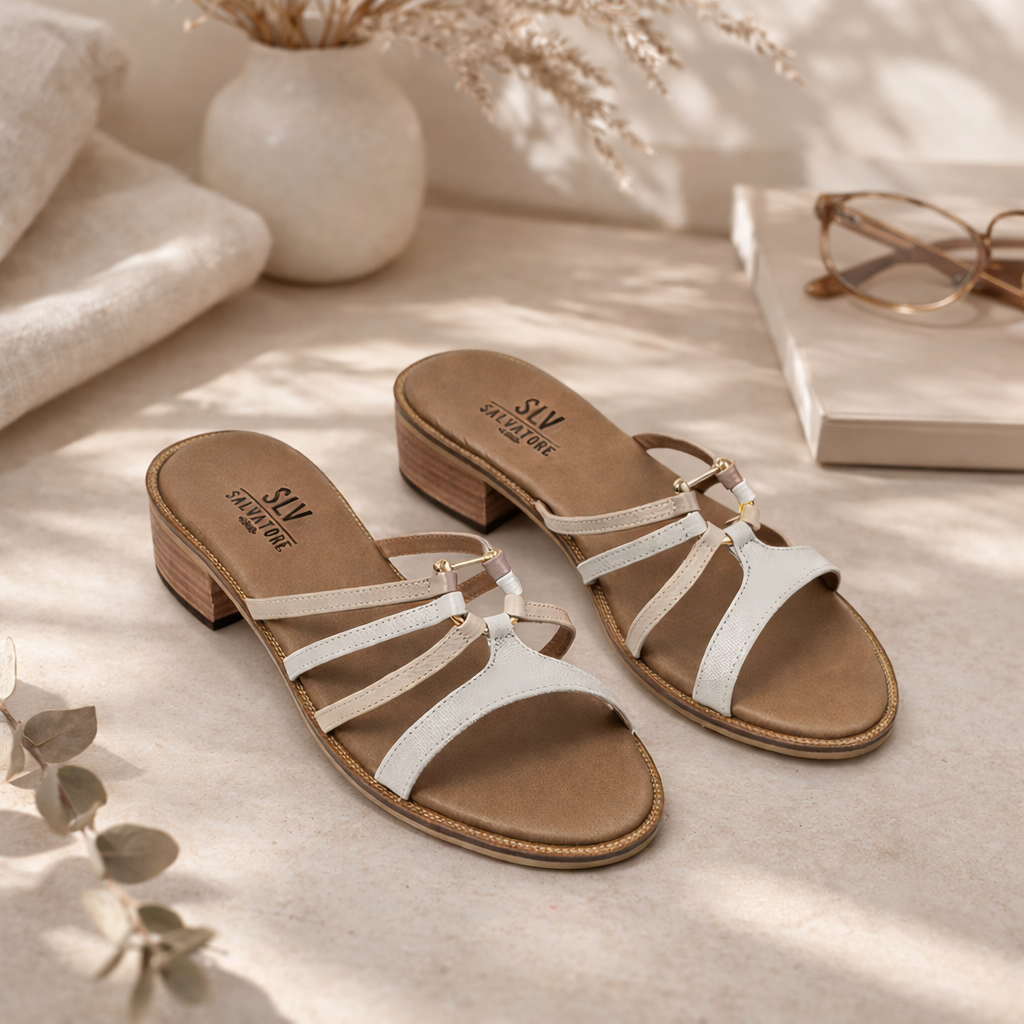 Sandalias destalonadas de cuero con tiras entrelazadas y herraje dorado