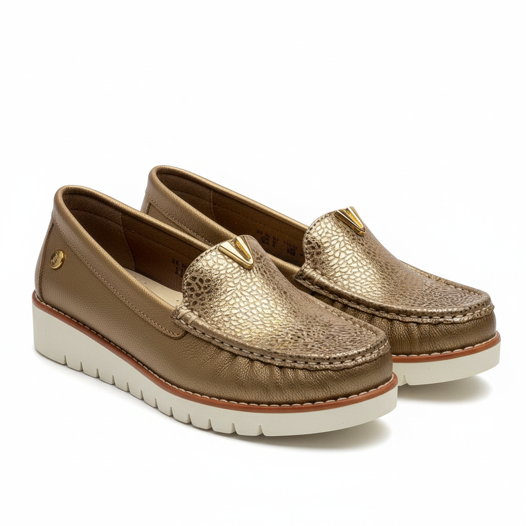 Mocasines de cuero metalizado para mujer con tacon interno de 2 cm