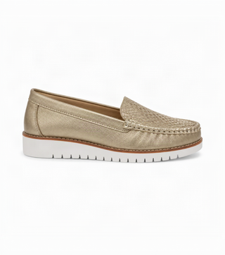 Mocasín 40-Liso de cuero para mujer color Arena metal, vista lateral