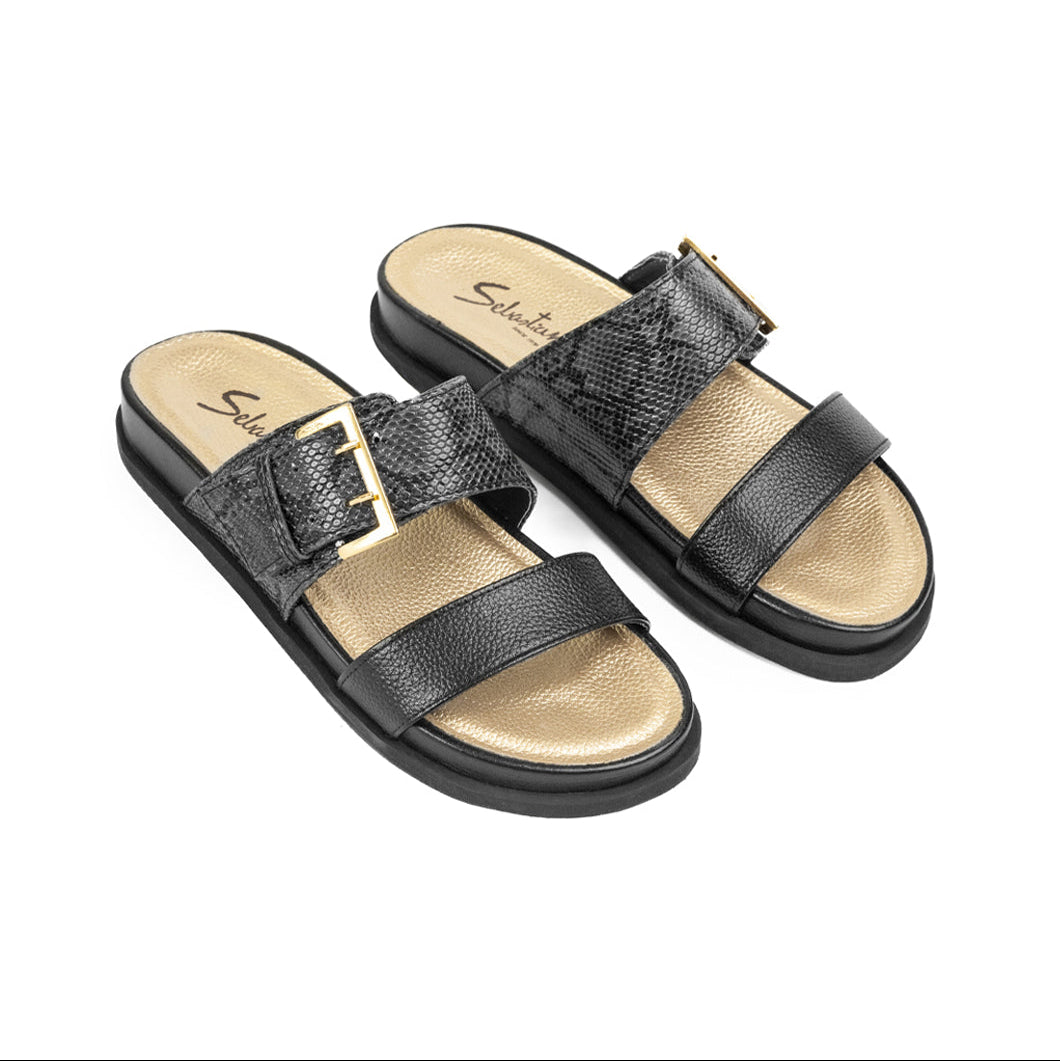 Sandalia Plana 485 Cuero Mujer Negro