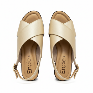 Sandalia de cuña 7858 de cuero para mujer color Champaña, vista superior