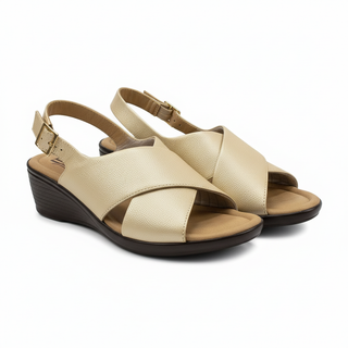 Sandalia de cuña 7858 de cuero para mujer color Champaña, vista angular