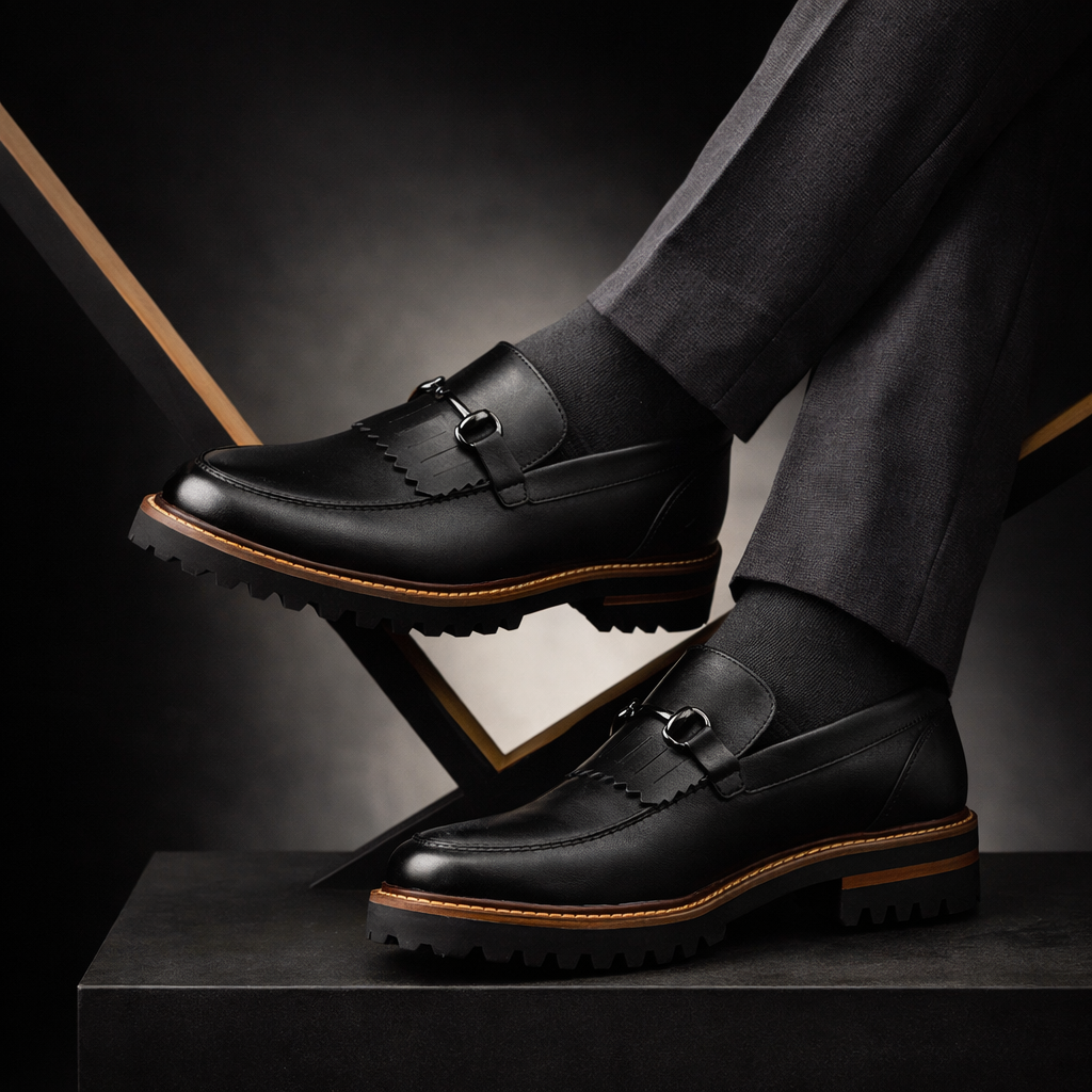 Mocasines 4048 de cuero para hombre en negro, vista del par con suela tractorada