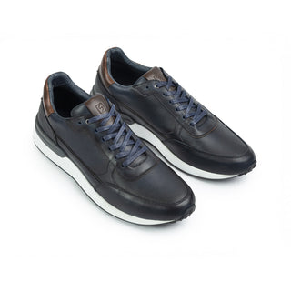 Casuales 6038 de cuero para hombre en azul, vista tres cuartos del par