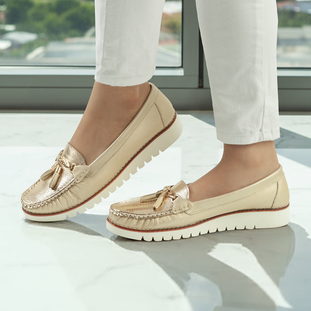 Mocasin H562 oro en Cuero para Mujer