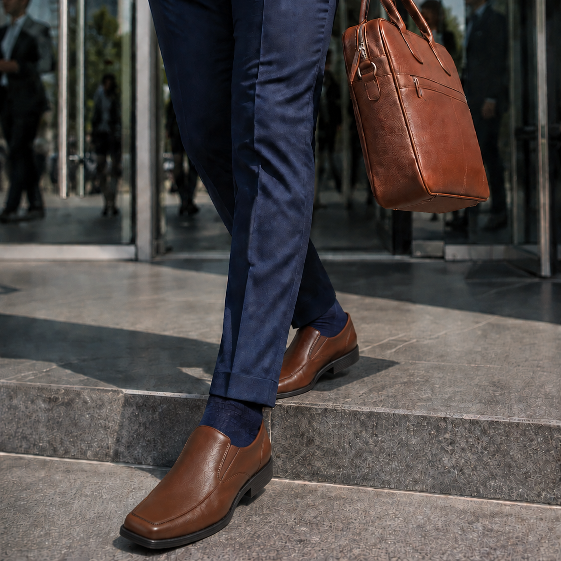 Zapatos slip-on de cuero conac usados con pantalon de vestir azul