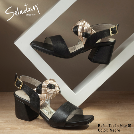 Sandalias tacon cuero mujer Negro Mile Trenza