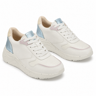 Deportivo Golden de cuero para mujer color Blanco Grabado, vista angular del par – Sebastian & Salvatore