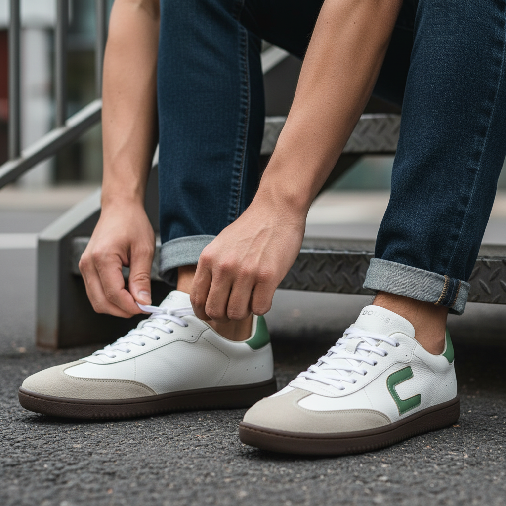 Modelo amarrando tenis DOUSS con logo en ambos lados