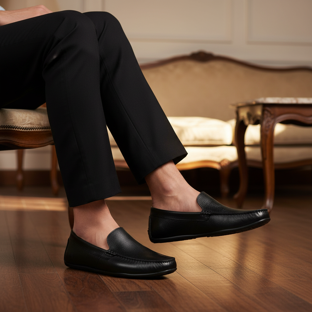 Modelo sentado con mocasines
