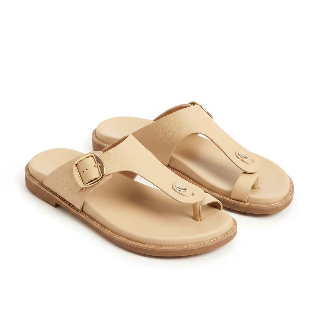 Sandalia plana 801-04 de cuero para mujer color Maní, vista angular del par – Sebastian & Salvatore