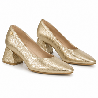 Zapatos de tacón 10183 de cuero para mujer color Oro Grabado, vista angular del par – Sebastian & Salvatore
